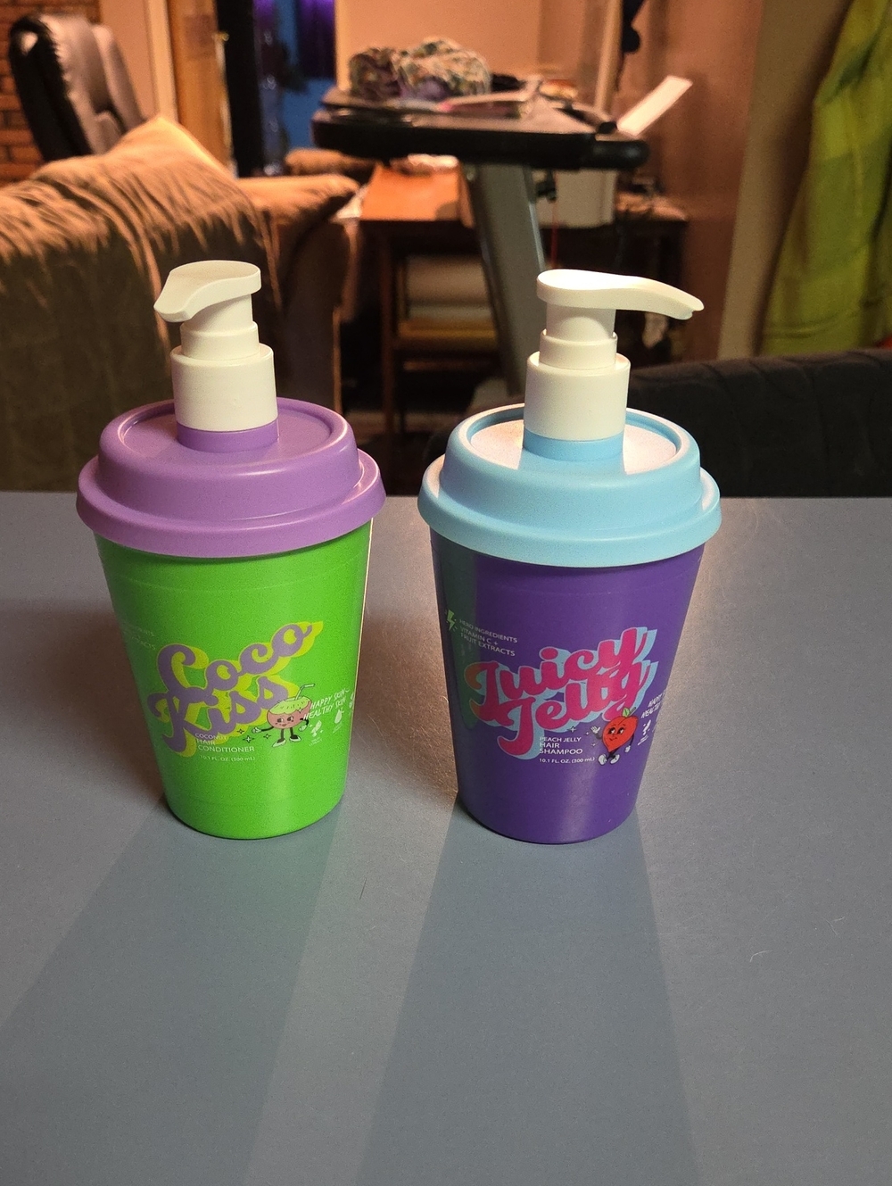 Juicy Jelly & Coco Kicks Kids Shampoo & Conditioner Pump Cups - Purple & Green